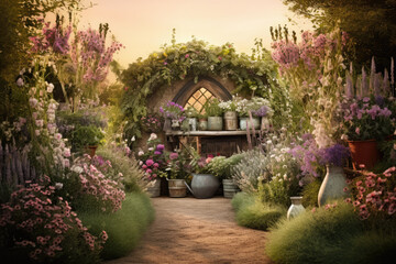 Fototapeta premium Beautiful Herbs and Flowers Garden at Golden Hour