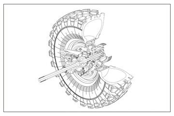 3D design of a wheel hub and automotive suspension with exploded view.