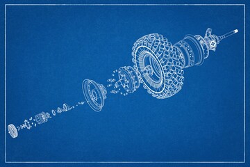 3D design of a wheel hub and automotive suspension with exploded view.