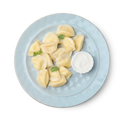 Plate of delicious dumplings (varenyky) with cottage cheese,mint and sour cream isolated on white, top view