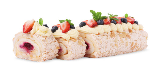 Tasty meringue roll with jam, berries and mint leaves isolated on white
