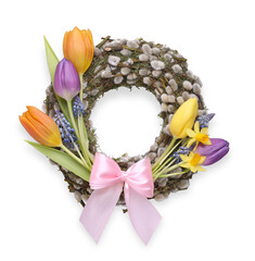 Willow wreath with different beautiful flowers and pink bow on white background, top view