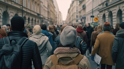 Back view of People demonstrating on the street - obrazy, fototapety, plakaty