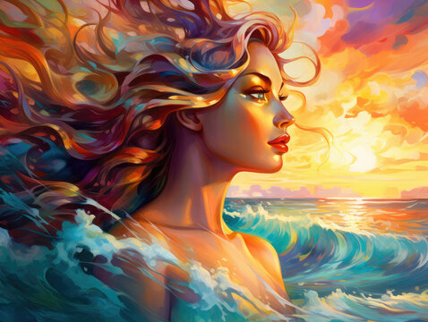 Colorful fantasy painting of close-up of beautiful woman with flowing hair coming out of the ocean at sunset.