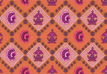 Indonesian Batik, a dyeing technique with wax applied to cloth. Development of Sidomukti motifs with various colors