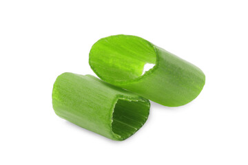 Chopped fresh green onions on white background