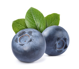 Fresh ripe blueberries with green leaves isolated on white