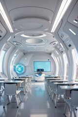 Obraz premium Futuristic classroom with a large screen and table with chairs and windows 