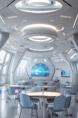 Obraz premium Futuristic classroom with a large screen and table with chairs and windows 