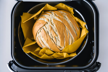 Detail of bread baked in the air fryer, representing the concept of a balanced and economical diet. Generated by AI