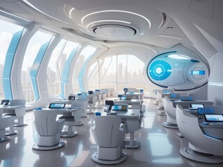Futuristic classroom with a large screen and table with chairs and windows 
