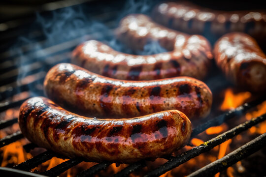 Close-up focus on the smoked and juicy sausage, exhaling its tempting aroma. A delight ready to be savored. Generated by AI