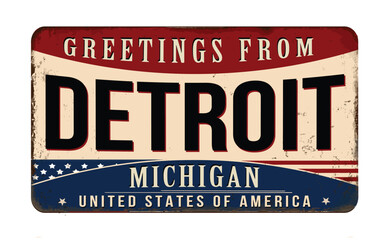 Greetings from Detroit vintage rusty metal sign
