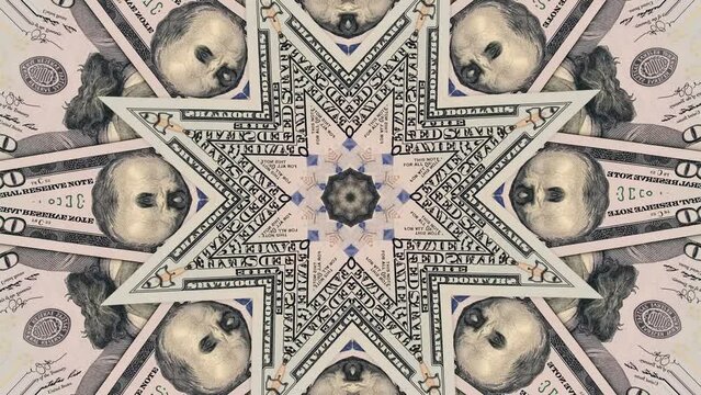 Kaleidoscope US dollars close-up banknotes face value hundred. American dollar mosaic. Creative business background.