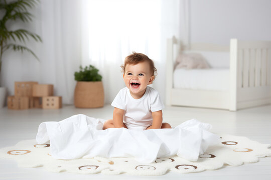 Smiling happy child. Portrait Of Adorable Little Kid Wearing Bodysuit Resting In Bedroom, Copy Space