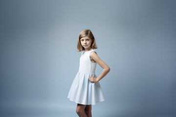 Portrait of a fictional elegant cute young girl wearing a white sundress isolated on a light blue background. Generative AI.