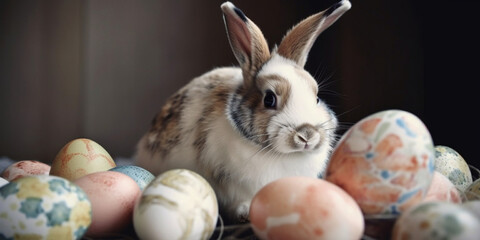 Cute Easter Bunny with Innocent Eyes Admiring Colorful Easter Eggs in a Joyful Spring Celebration