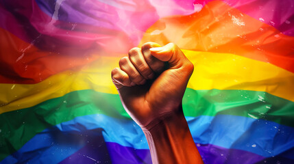 Showing hand fist with a rainbow LGBTQ flag background. LGBTQ concept for gay, pride, lesbian, transgender and queer. Digital illustration generative AI.