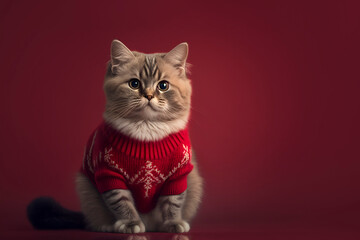 Fluffy cat in winter sweater on red background.