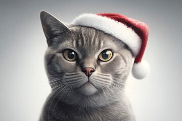 British Shorthair fluffy cat in Santa hat Christmas portrait. - obrazy, fototapety, plakaty