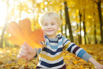 Close up portrait of happy little boy during stroll in the forest at sunny autumn day