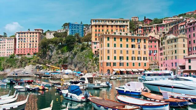 Camogli colorful fishing village. Located on the west side of the peninsula of Portofino, on the Golfo Paradiso in the Riviera di Levante, Liguria, Italy