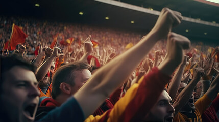 Fototapeta na wymiar Rear view of cheering football fans in stadium