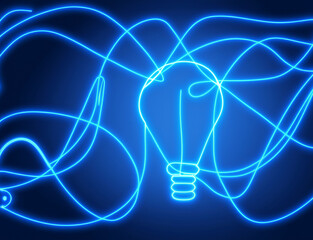 abstract blue line drawing light painting light bulb on black background ai generated