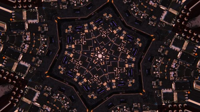 Microchip glowing lights on dark kaleidoscopic futuristic abstract background. Kaleidoscope digital microcircuits.