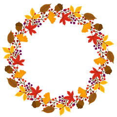 秋の植物の丸フレーム／紅葉・どんぐり・赤い実／手書きベクターイラスト