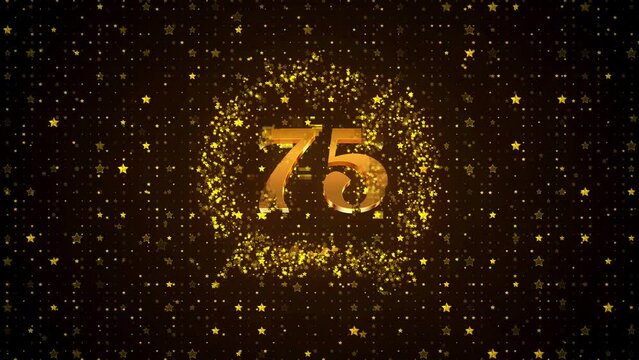 Luxury Motion View Golden Shiny Happy 75th Anniversary Logo reveal On Golden Brown Twinkle Star Shape Particles Sparkle Pattern Background