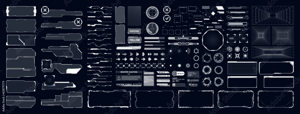 Poster universal cyberpunk futuristic user interface - sci-fi elements, hud frame, callouts, loading bar, b