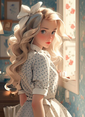 Portrait of a naive shy woman in retro style, women's clothing with polka dot pattern. 1950s vintage blonde classic lady, looking at camera with ribbon in wavy hair. 