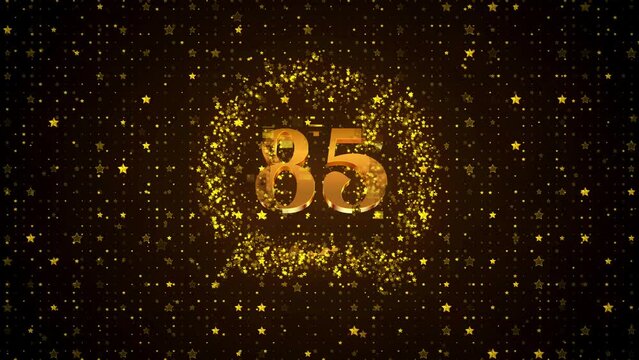Luxury Motion View Golden Shiny Happy 85th Anniversary Logo reveal On Golden Brown Twinkle Star Shape Particles Sparkle Pattern Background