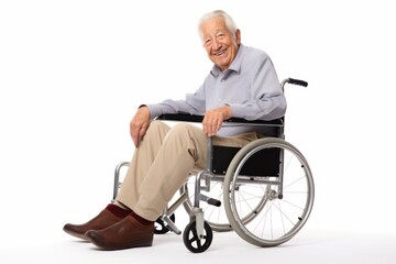 a old age grandfather elderly senior model handicapped man sitting in a wheelchair. can't walk after a back spine injury. isolated on white studio background. Generative AI