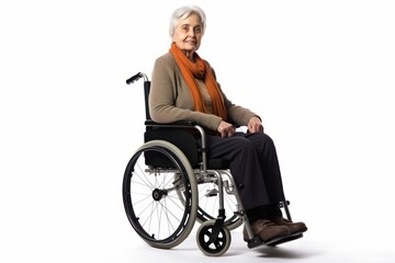 a beautiful old age grandmother elderly senior model handicapped woman sitting in a wheelchair. can't walk after a back spine injury. isolated on white studio background. Generative AI
