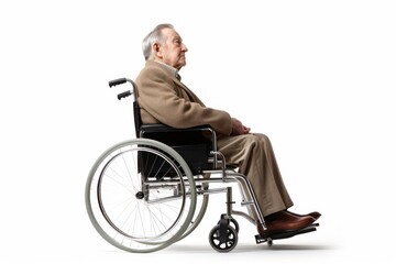 a old age grandfather elderly senior model handicapped man sitting in a wheelchair. can't walk after a back spine injury. isolated on white studio background. Generative AI