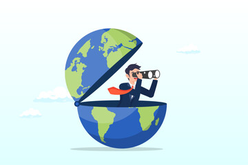 Smart businessman open globe using binoculars looking for future vision, world economic vision or international opportunity for business, work or investment, searching for oversea business (Vector)