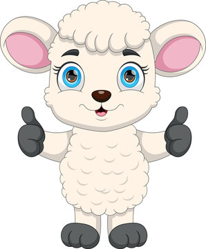 cute lamb cartoon thumbs up on white background