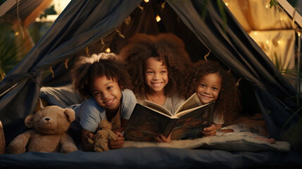 Obraz na płótnie Canvas Three African American Girls Children Camping in Tent in the Backyard. Sisters Reading a Book. Cozy Setting. Concept of Sleepover, Play, Read, Outside, and Camp.