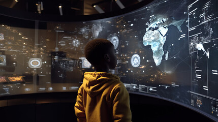 Young African American Child Student at Space Center Visit. Large World Map. Field Trip at Museum. Concept of Learning, History, Space, Technology.