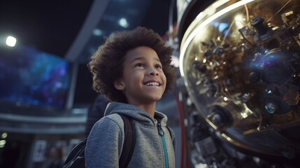 Young African American Child Student at Space Center Visit. Field Trip at Museum. Concept of Learning, History, Space, Technology. - obrazy, fototapety, plakaty