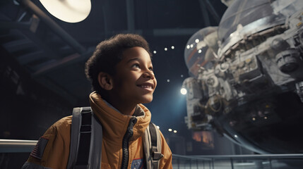Young African American Child Student at Space Center Visit. Wearing Backpack. Field Trip at Museum. Concept of Learning, History, Space, Technology. - obrazy, fototapety, plakaty