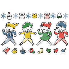 笑顔で歩く子供たちと冬イメージのモチーフセット