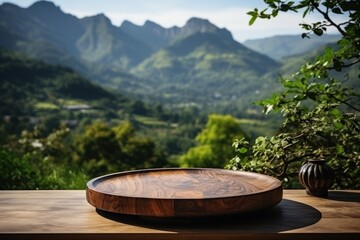 Nature's Showcase: A Wooden Pedestal on a Table amidst a Scenic Green Landscape of Mountains