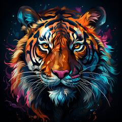 Illustration of an abstract, neon tiger in pop art style on a black background, Ai generative