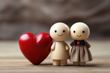 Cherished Memories: Wooden Dolls and a Red Heart Shape with Ample Copy Space