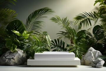 Minimalist Opulence: A White Marble Cube Square Box Podium Adorned with Palm Leaves in a White Setting