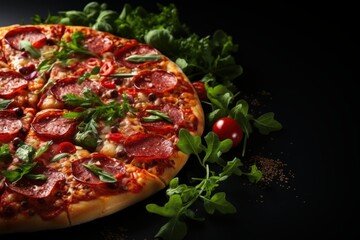 Gourmet Temptations: Slices of Pepperoni Pizza with Rocket Salad on a Stylish Black Background