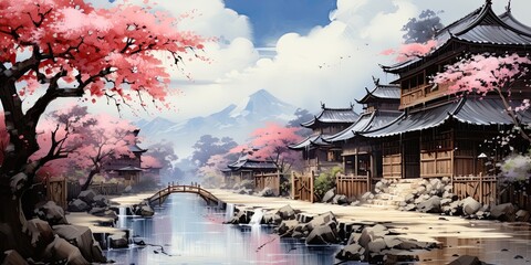 illustration of vintage old Japanese town, generative AI